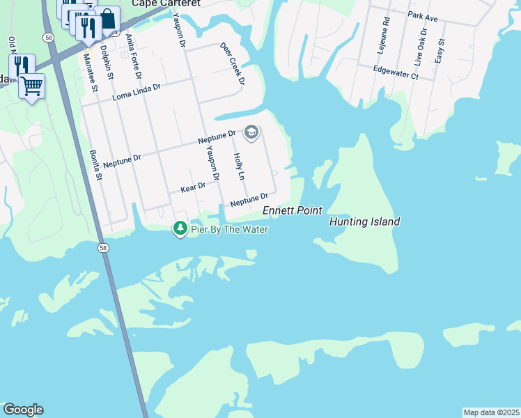 map of restaurants, bars, coffee shops, grocery stores, and more near 557 Neptune Dr in Cape Carteret