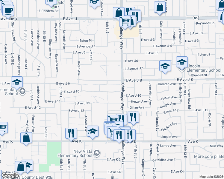 map of restaurants, bars, coffee shops, grocery stores, and more near 811 East Avenue J in Lancaster