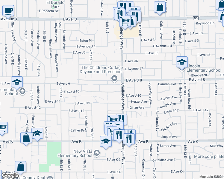 map of restaurants, bars, coffee shops, grocery stores, and more near 811 East Avenue J 10 in Lancaster