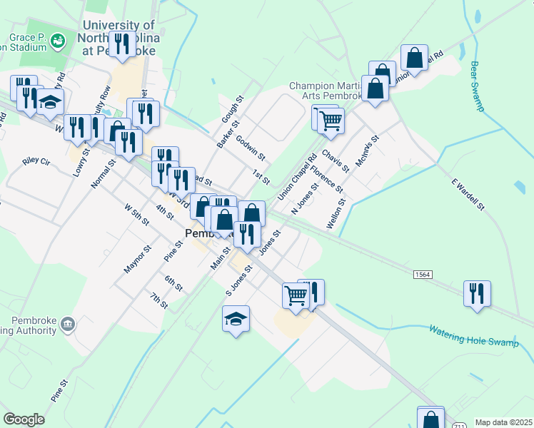 map of restaurants, bars, coffee shops, grocery stores, and more near 102 Union Chapel Road in Pembroke