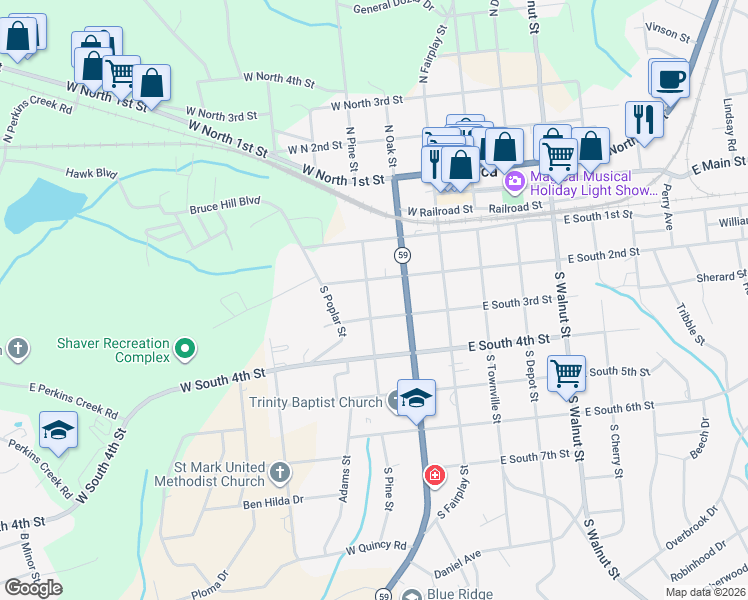 map of restaurants, bars, coffee shops, grocery stores, and more near 215 West South 2nd Street in Seneca