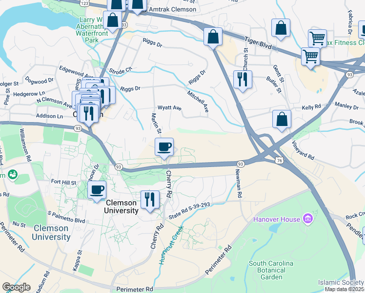 map of restaurants, bars, coffee shops, grocery stores, and more near 101 College Avenue in Clemson