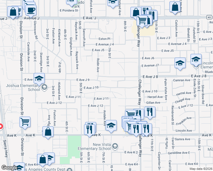 map of restaurants, bars, coffee shops, grocery stores, and more near 647 East Avenue J 10 in Lancaster
