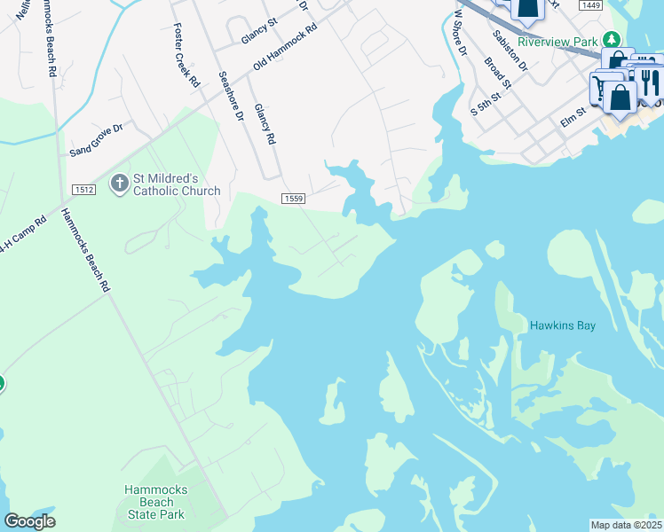 map of restaurants, bars, coffee shops, grocery stores, and more near Point Drive in Swansboro