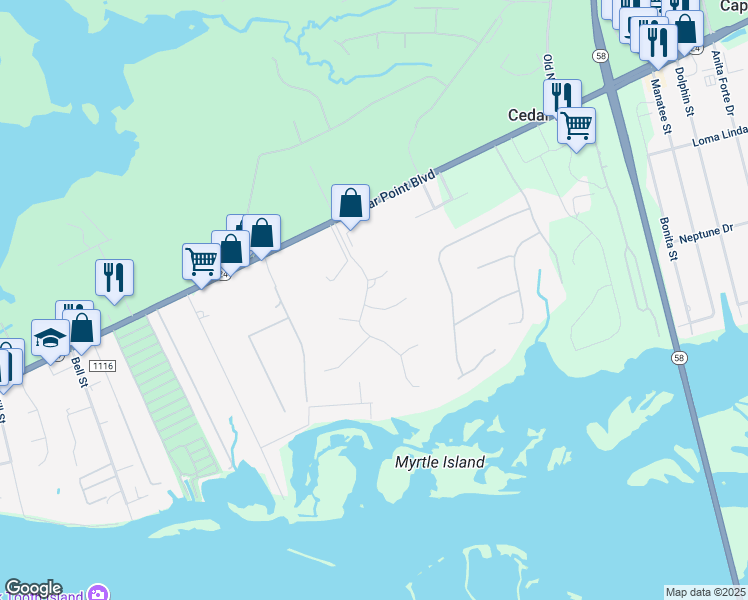 map of restaurants, bars, coffee shops, grocery stores, and more near 101 Sunburst Circle in Cedar Point