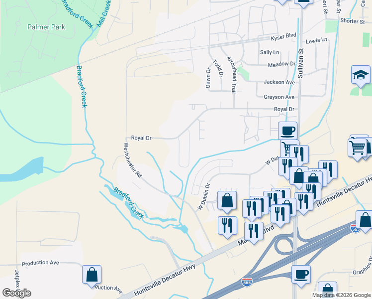 map of restaurants, bars, coffee shops, grocery stores, and more near 162 Royal Drive in Madison
