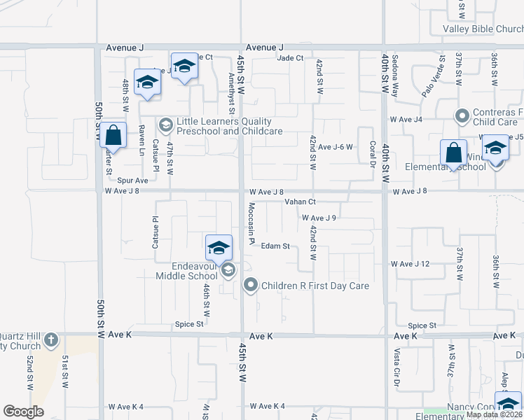 map of restaurants, bars, coffee shops, grocery stores, and more near 43929 44th Street West in Lancaster