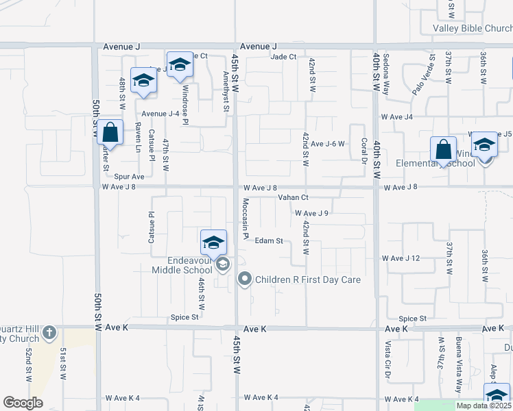 map of restaurants, bars, coffee shops, grocery stores, and more near 43929 44th Street West in Lancaster