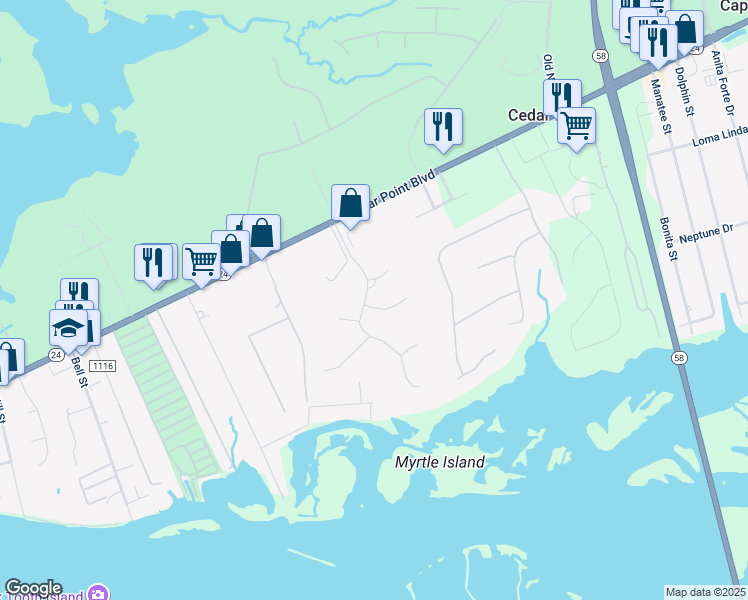 map of restaurants, bars, coffee shops, grocery stores, and more near 101 Sunburst Circle in Cedar Point