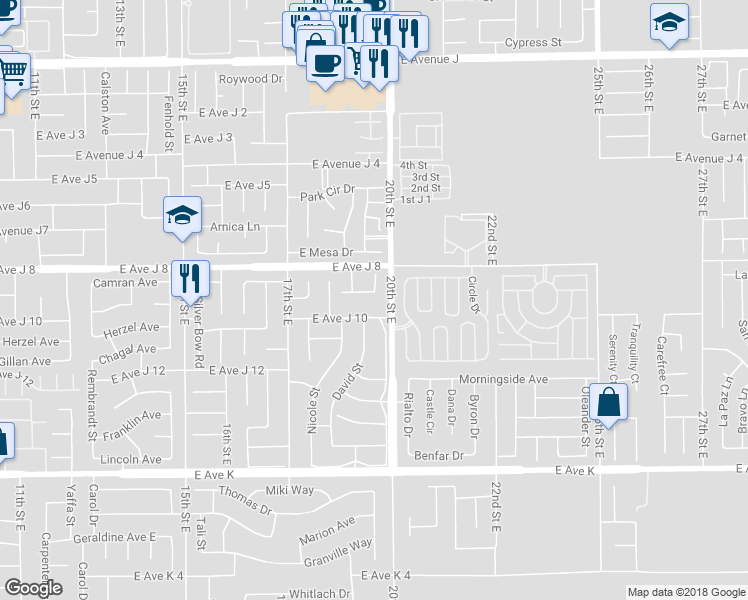 map of restaurants, bars, coffee shops, grocery stores, and more near 1840 East Avenue J9 in Lancaster