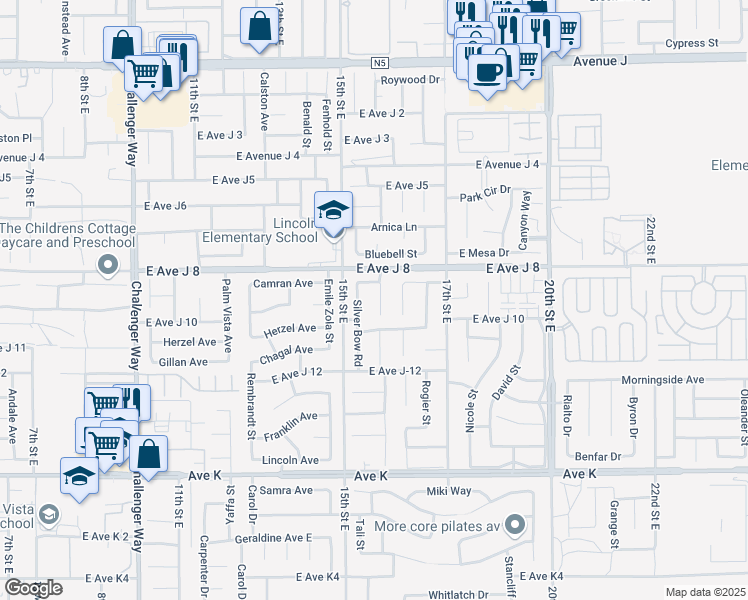 map of restaurants, bars, coffee shops, grocery stores, and more near 43927 Fallon Drive in Lancaster