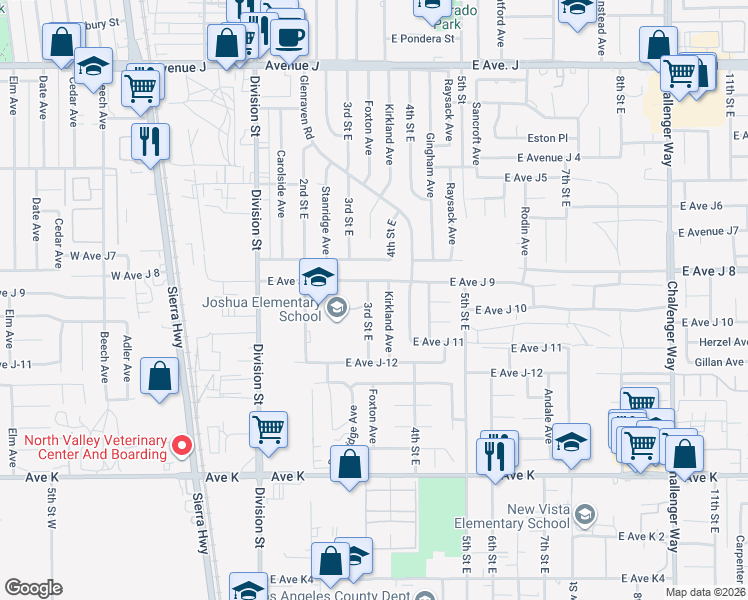 map of restaurants, bars, coffee shops, grocery stores, and more near 43926 East 3rd Street in Lancaster
