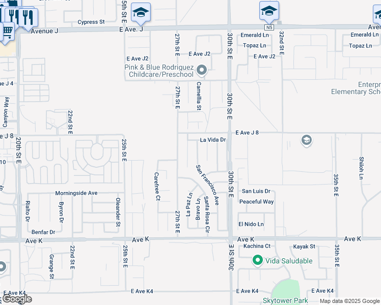 map of restaurants, bars, coffee shops, grocery stores, and more near 43920 Delgado Court in Lancaster