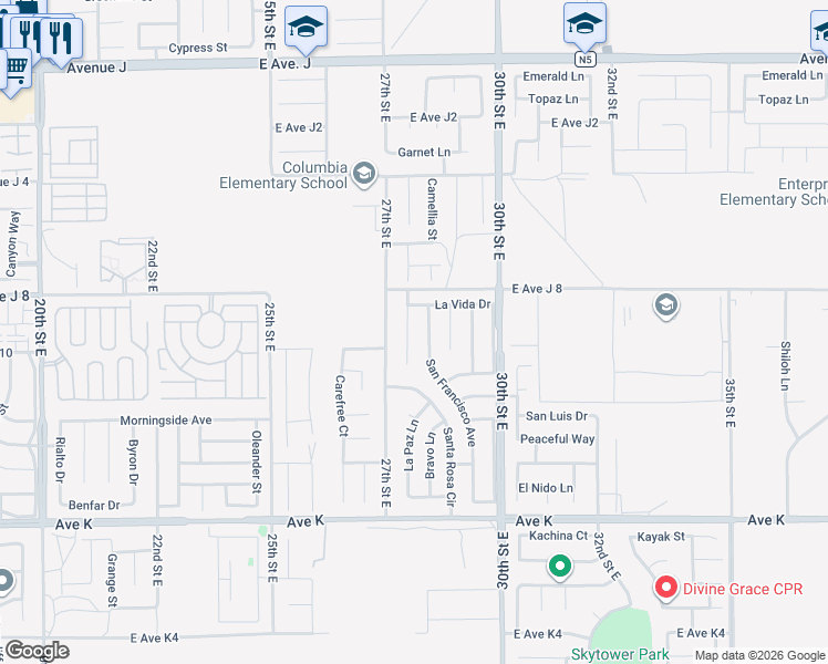 map of restaurants, bars, coffee shops, grocery stores, and more near 43920 Delgado Court in Lancaster