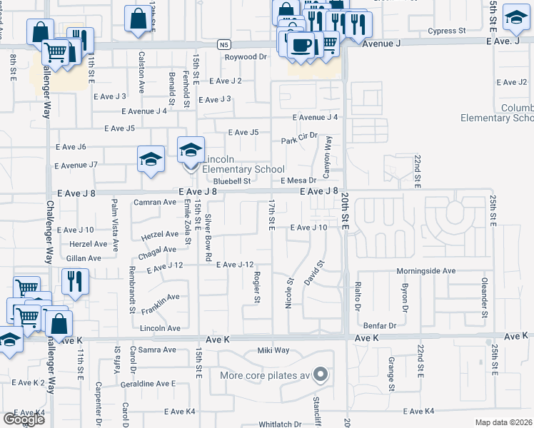 map of restaurants, bars, coffee shops, grocery stores, and more near 43925 17th Street East in Lancaster