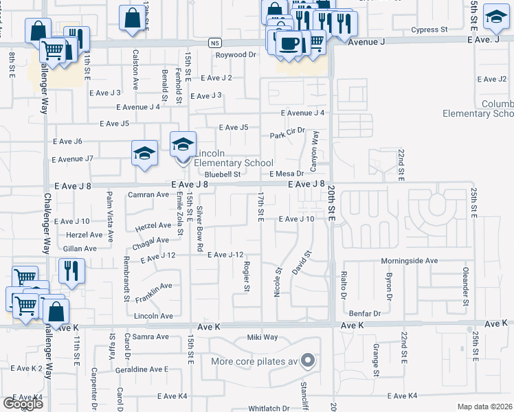 map of restaurants, bars, coffee shops, grocery stores, and more near 43925 17th Street East in Lancaster