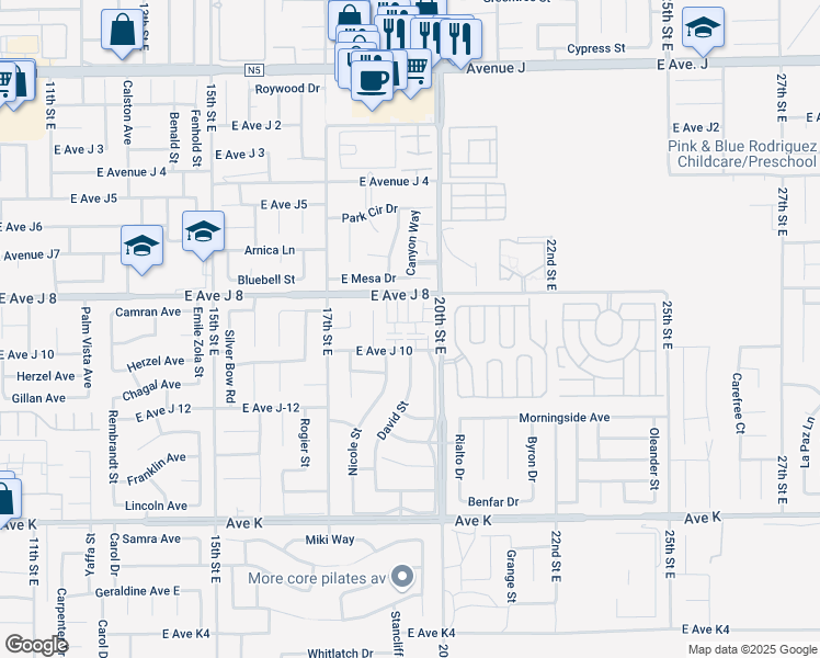 map of restaurants, bars, coffee shops, grocery stores, and more near 43941 18th Street East in Lancaster