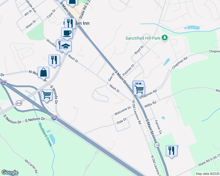 map of restaurants, bars, coffee shops, grocery stores, and more near 512-518 Nash Street in Fountain Inn