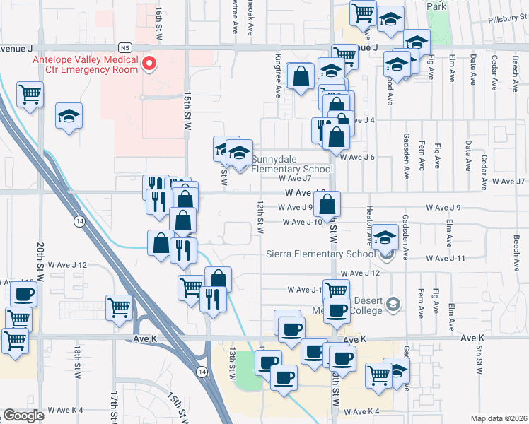map of restaurants, bars, coffee shops, grocery stores, and more near 1156 West Avenue J 9 in Lancaster
