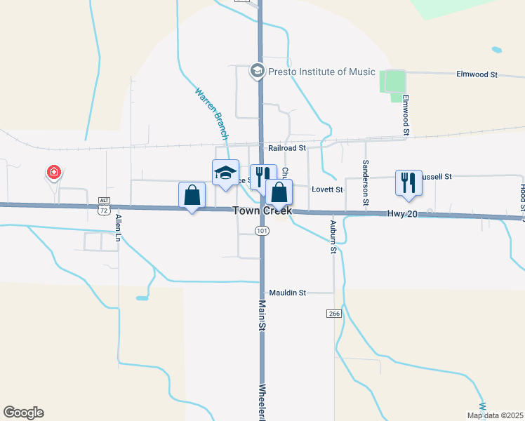 map of restaurants, bars, coffee shops, grocery stores, and more near in Town Creek