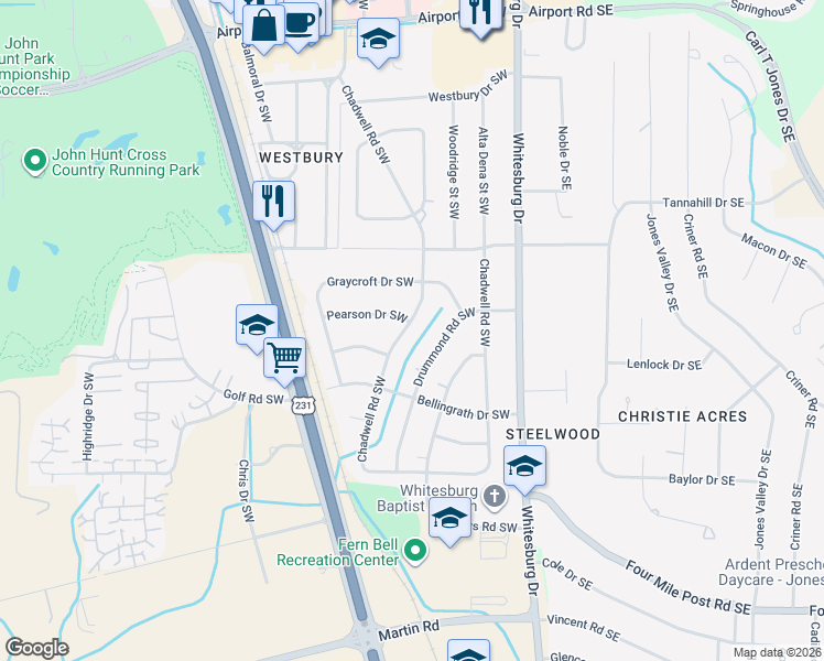 map of restaurants, bars, coffee shops, grocery stores, and more near 7220 Chadwell Road Southwest in Huntsville