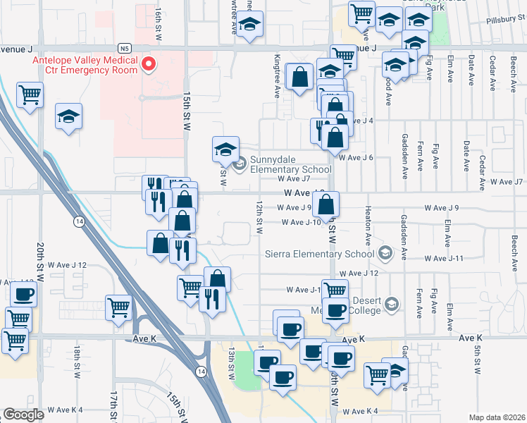map of restaurants, bars, coffee shops, grocery stores, and more near 1156 West Avenue J 9 in Lancaster