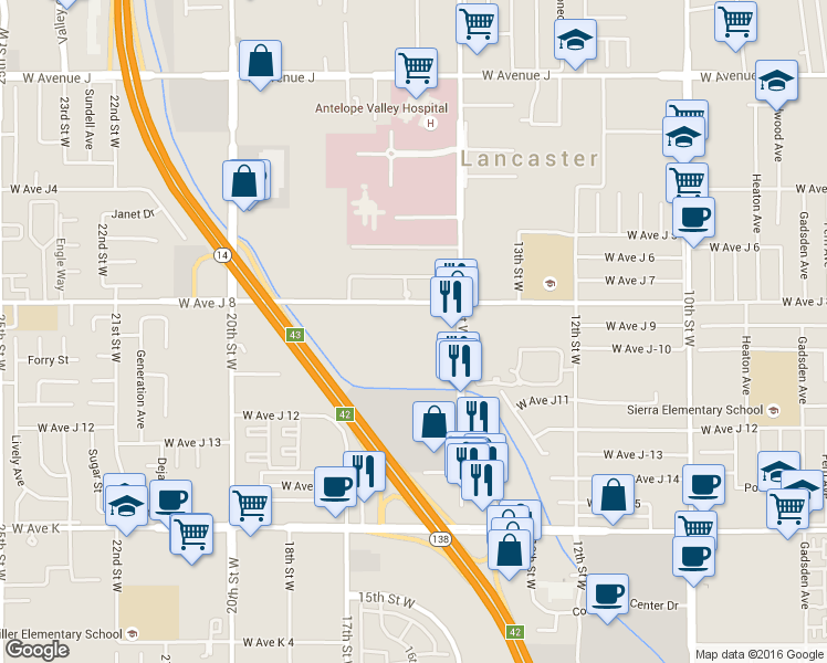 map of restaurants, bars, coffee shops, grocery stores, and more near 43953 15th Street West in Lancaster