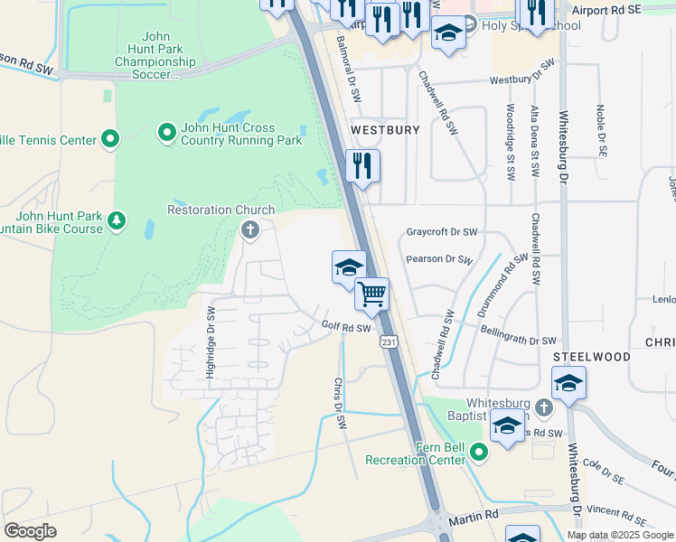 map of restaurants, bars, coffee shops, grocery stores, and more near 4040 Memorial Parkway Southwest in Huntsville