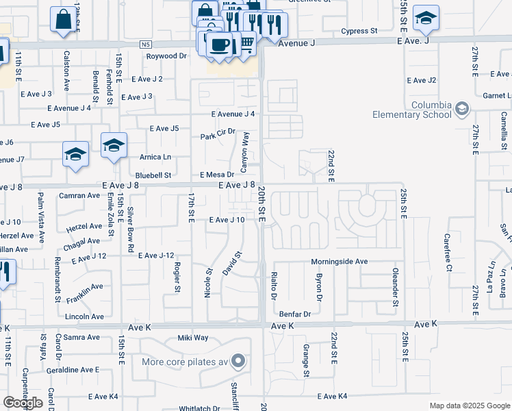 map of restaurants, bars, coffee shops, grocery stores, and more near 43930 Sammy Drive in Lancaster