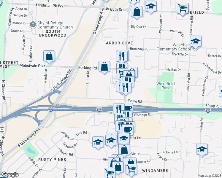 map of restaurants, bars, coffee shops, grocery stores, and more near 7510 Geyer Springs Road in Little Rock