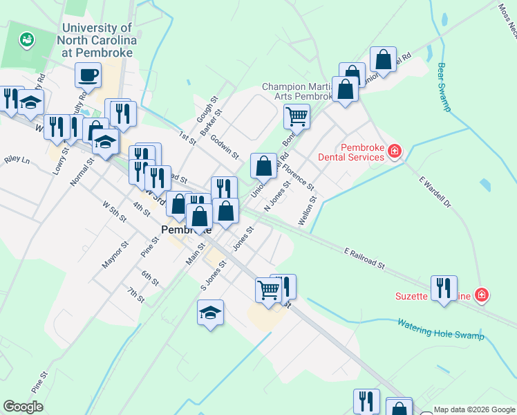 map of restaurants, bars, coffee shops, grocery stores, and more near 102 Union Chapel Road in Pembroke