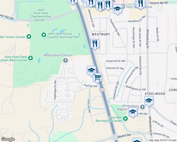 map of restaurants, bars, coffee shops, grocery stores, and more near 4040 Memorial Parkway Southwest in Huntsville