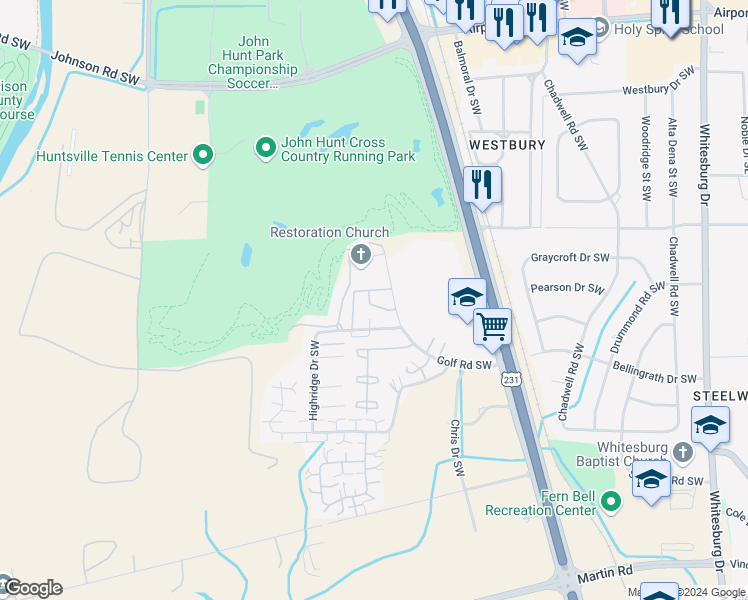 map of restaurants, bars, coffee shops, grocery stores, and more near 2022 Fairway Hills Drive in Huntsville
