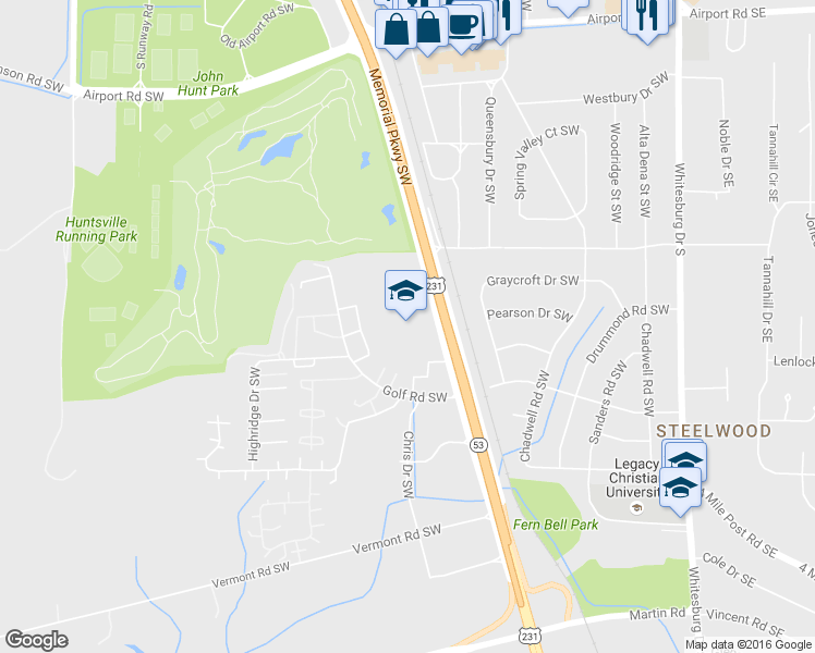 map of restaurants, bars, coffee shops, grocery stores, and more near 4040 Memorial Parkway Southwest in Huntsville