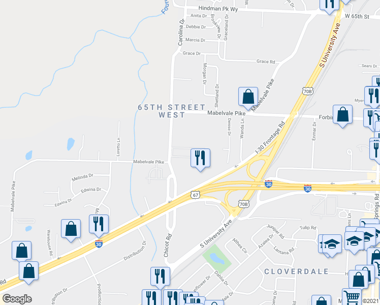 map of restaurants, bars, coffee shops, grocery stores, and more near 7601 North Chicot Road in Little Rock