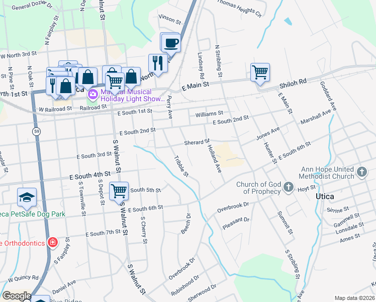map of restaurants, bars, coffee shops, grocery stores, and more near 135 Seniors Way in Seneca