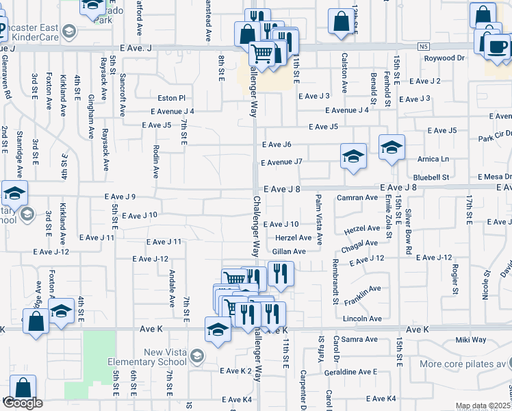 map of restaurants, bars, coffee shops, grocery stores, and more near 10th Street West in Lancaster