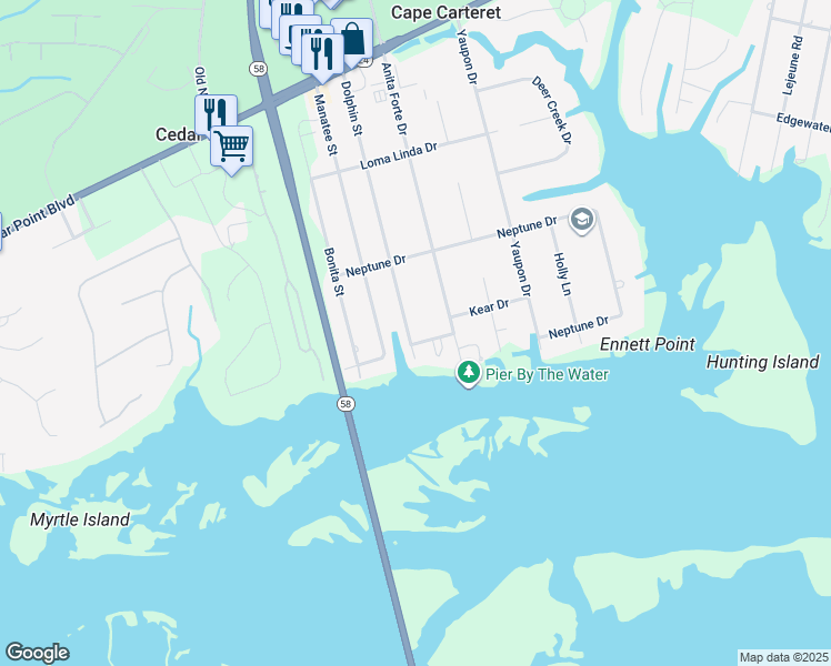 map of restaurants, bars, coffee shops, grocery stores, and more near 301 Soundview Court in Cape Carteret