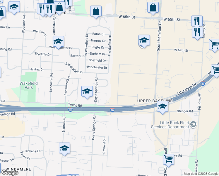 map of restaurants, bars, coffee shops, grocery stores, and more near 25 Clement Drive in Little Rock