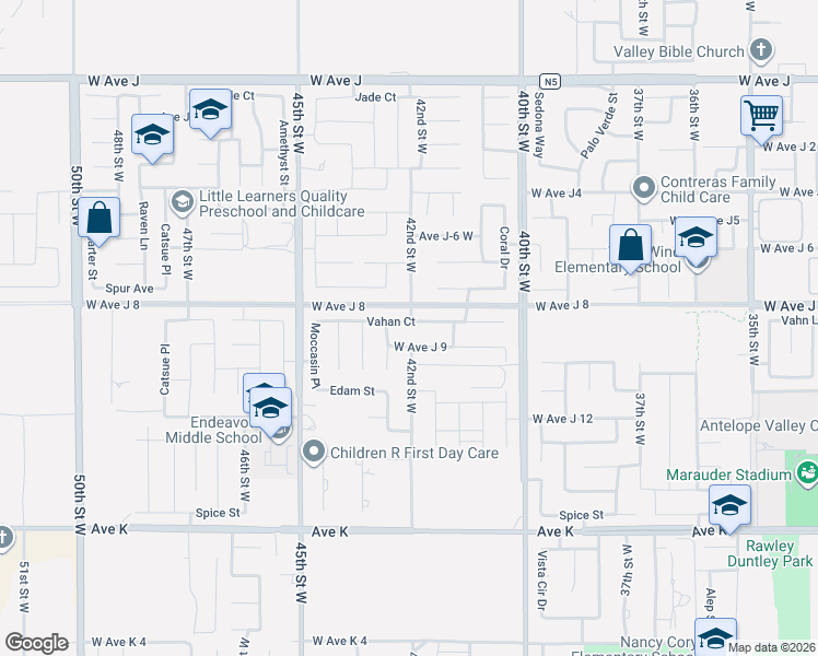 map of restaurants, bars, coffee shops, grocery stores, and more near 4200 Vahan Court in Lancaster