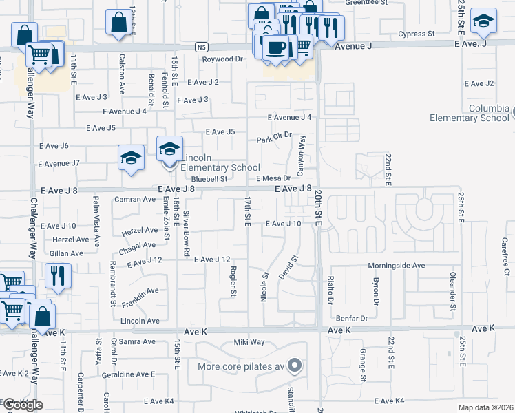map of restaurants, bars, coffee shops, grocery stores, and more near 43934 Amy Court in Lancaster