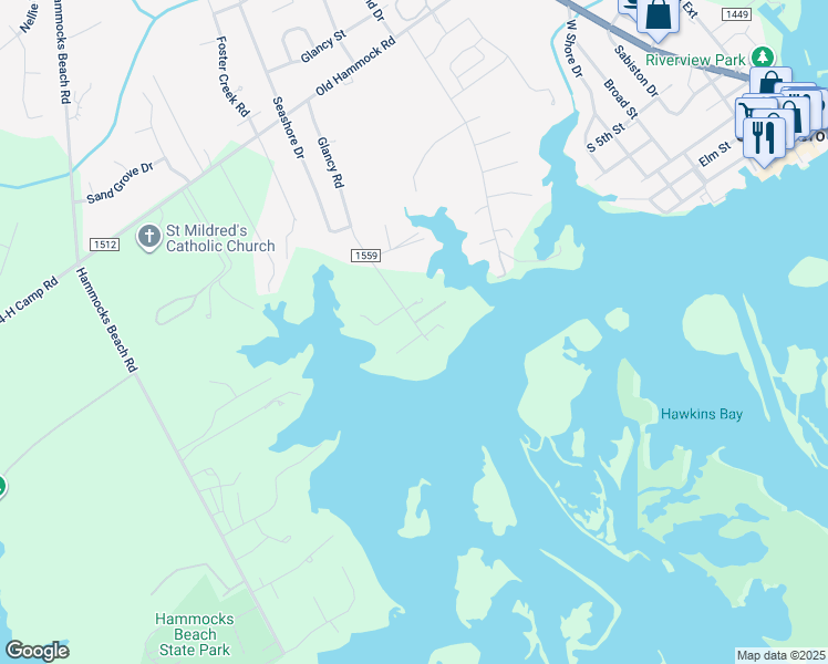 map of restaurants, bars, coffee shops, grocery stores, and more near Point Drive in Swansboro