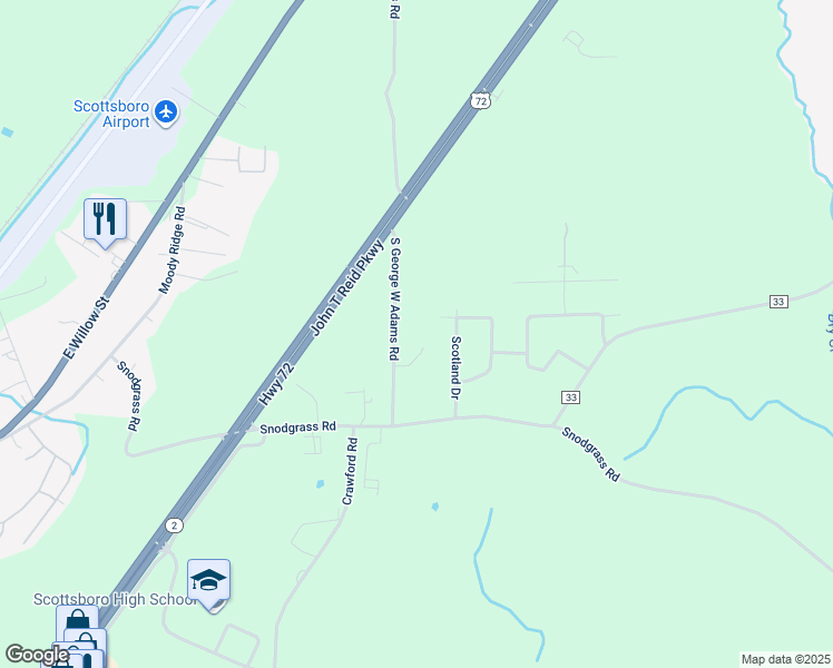 map of restaurants, bars, coffee shops, grocery stores, and more near 303 South George Adams Road in Scottsboro