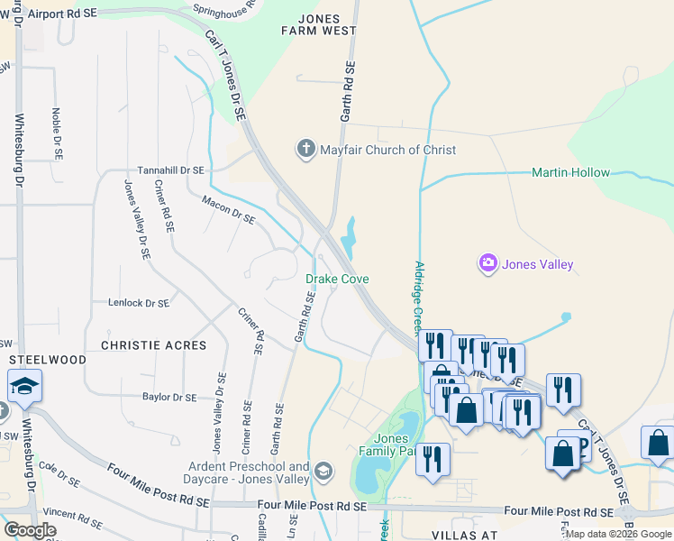 map of restaurants, bars, coffee shops, grocery stores, and more near 5013 Somerby Drive Southeast in Huntsville