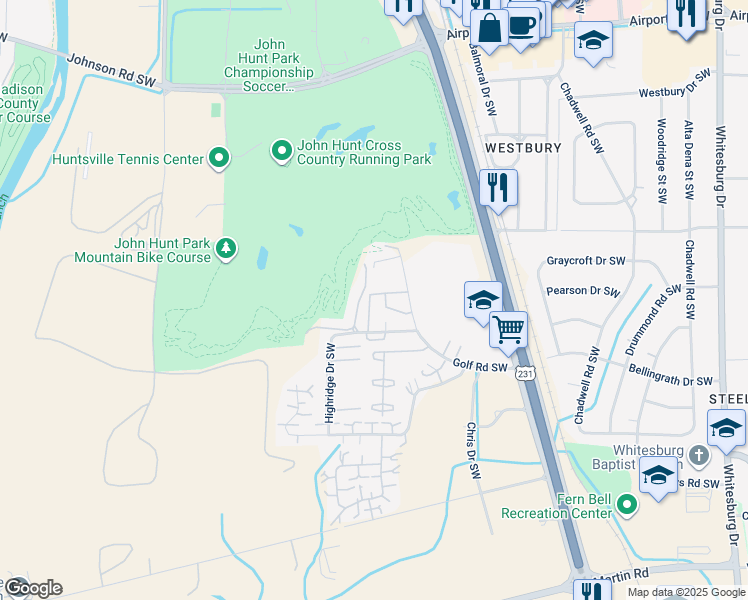 map of restaurants, bars, coffee shops, grocery stores, and more near 2022 Fairway Hills Drive in Huntsville