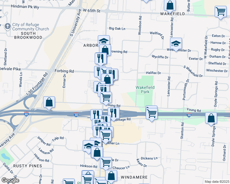 map of restaurants, bars, coffee shops, grocery stores, and more near 5720 Young Road in Little Rock