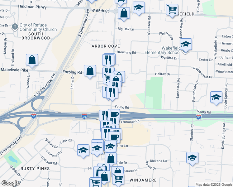 map of restaurants, bars, coffee shops, grocery stores, and more near 7515 Geyer Springs Road in Little Rock
