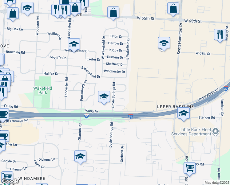 map of restaurants, bars, coffee shops, grocery stores, and more near 39 Clement Drive in Little Rock