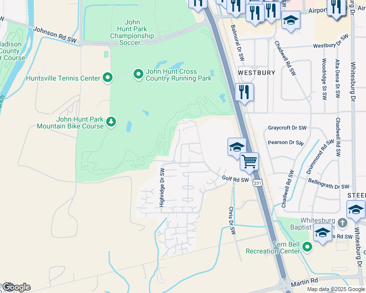 map of restaurants, bars, coffee shops, grocery stores, and more near 2022 Fairway Hills Drive in Huntsville