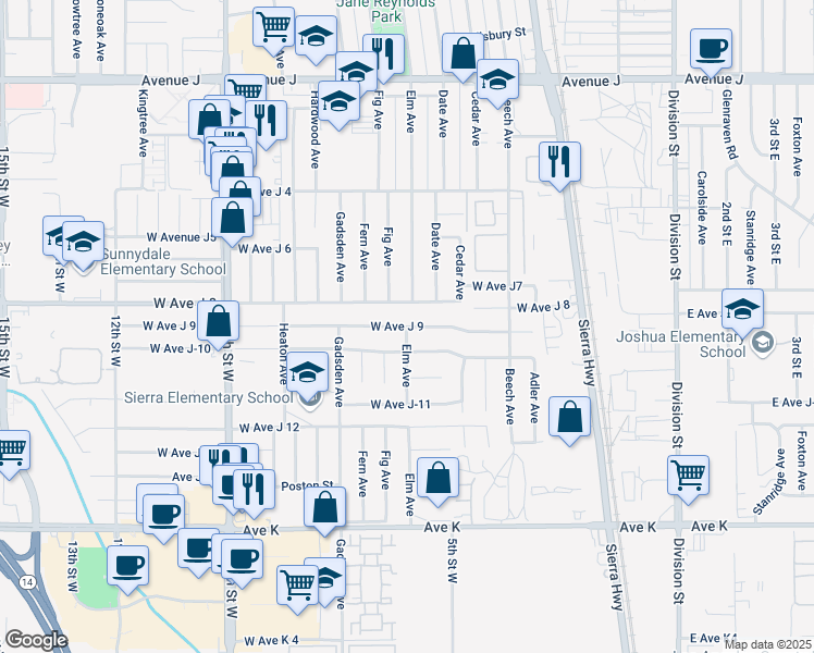 map of restaurants, bars, coffee shops, grocery stores, and more near Elm Avenue & West Avenue J 9 in Lancaster